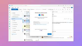 Screenshot of the Outlook app with the option to add Gmail accounts over a gradient pink and purple background