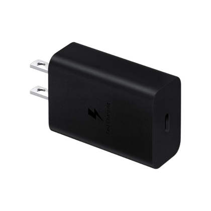 A render showing a 15W Samsung charger in black color.