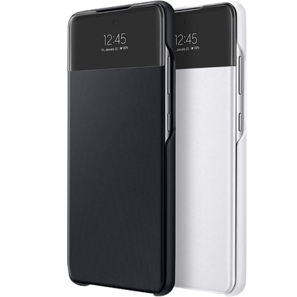 A render showing the Samsung S-View wallet cover for Galaxy A52 in both white and black color.