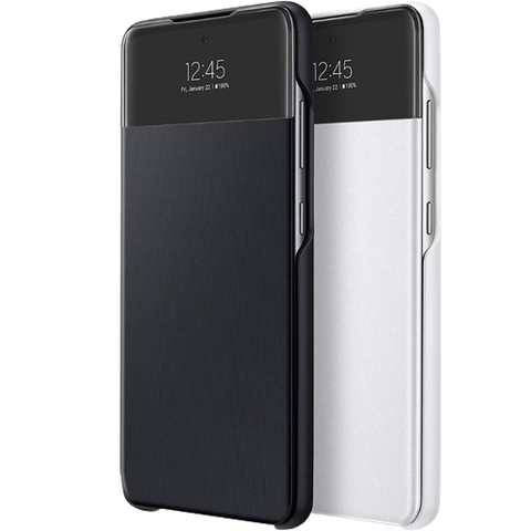 A render showing the Samsung S-View wallet cover for Galaxy A52 in both white and black color.