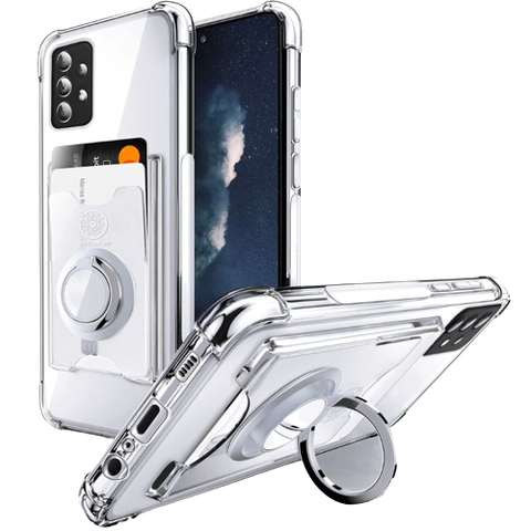 A render showing the Shields Up kickstand case installed on a Samsung Galaxy A52.