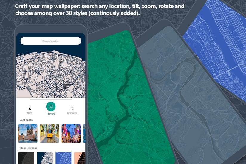 An illustration with phone showing a bunch of map wallpaper in different colors.