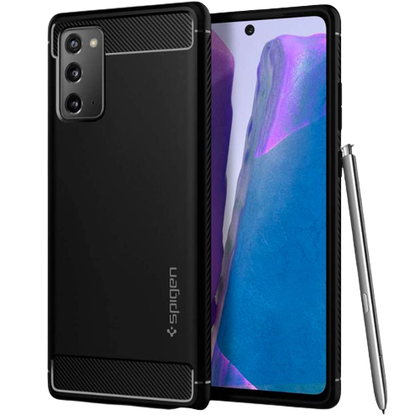 A render of the Spigen Rugged armor case installed on a Galaxy Note 20.
