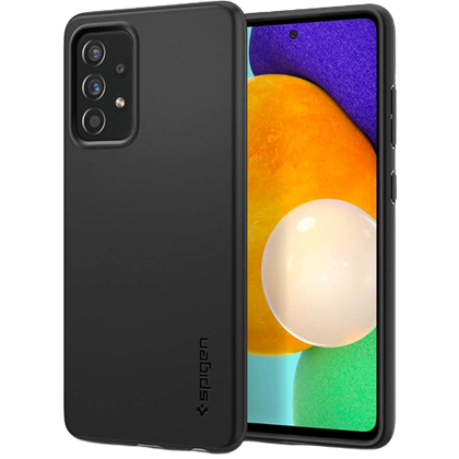 A render showing the Spigen Thin Fit case installed on a Galaxy A52.