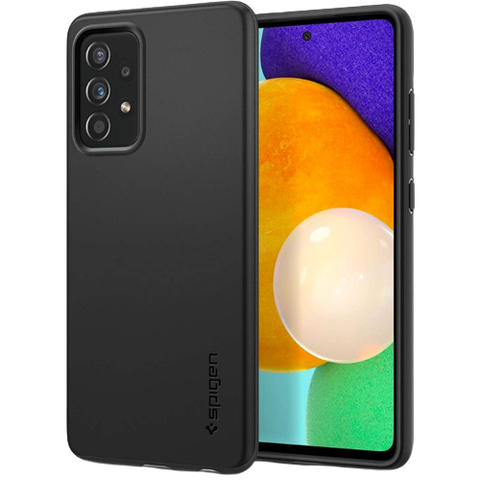 A render showing the Spigen Thin Fit case installed on a Galaxy A52.