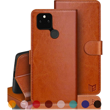 A render showing the Suantpot folio wallet case for Google Pixel 5 in tan color.