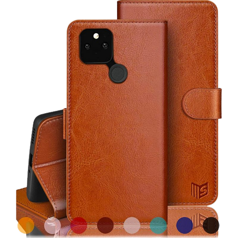 A render showing the Suantpot folio wallet case for Google Pixel 5 in tan color.