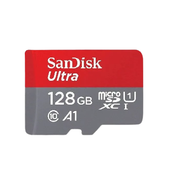Red and gray 128GB SanDisk Ultra microSD card, front view