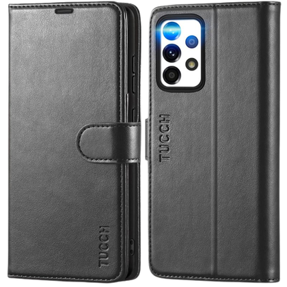 A render showing the TUCCH Folio wallet case installed on a Samsung Galaxy A52.
