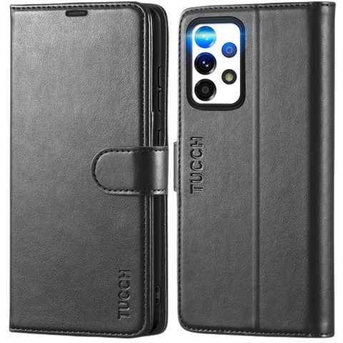 A render showing the TUCCH Folio wallet case installed on a Samsung Galaxy A52.