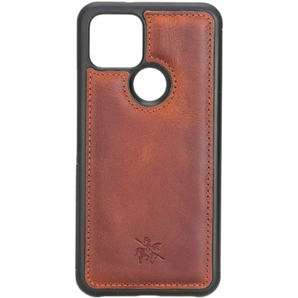 A render showing the Venito Lucca leather case for Google Pixel 5 in brown color.
