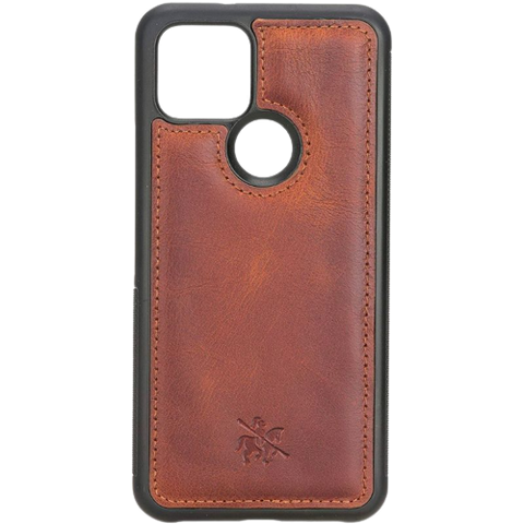 A render showing the Venito Lucca leather case for Google Pixel 5 in brown color.