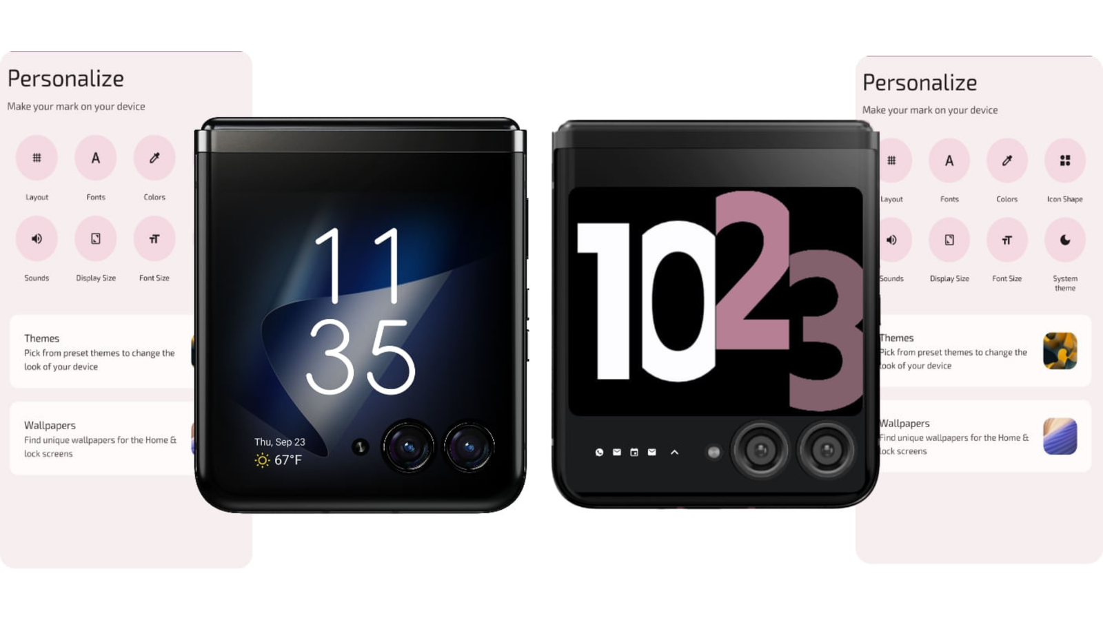 Motorola Razr 40 Ultra cover display in two configurations with personalization menus