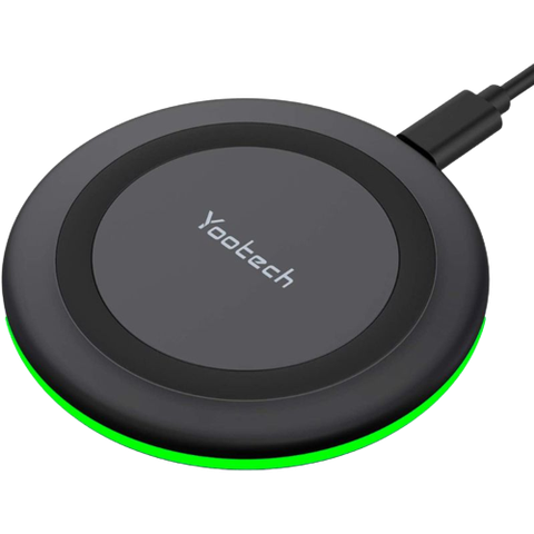 A render showing the Yootech wireless charger with green-colored LED light at the bottom.