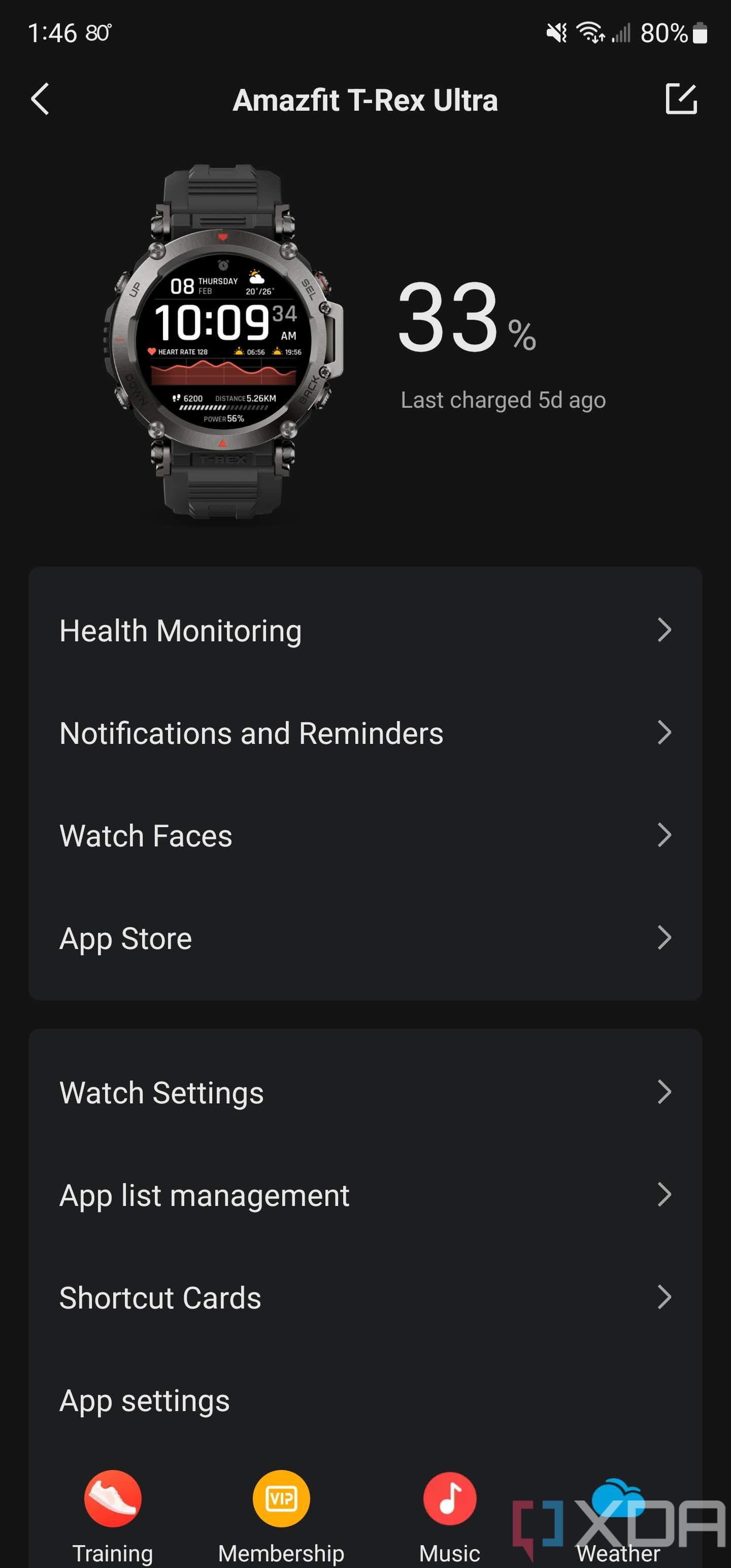 Zepp companion app screenshot of the watch settings
