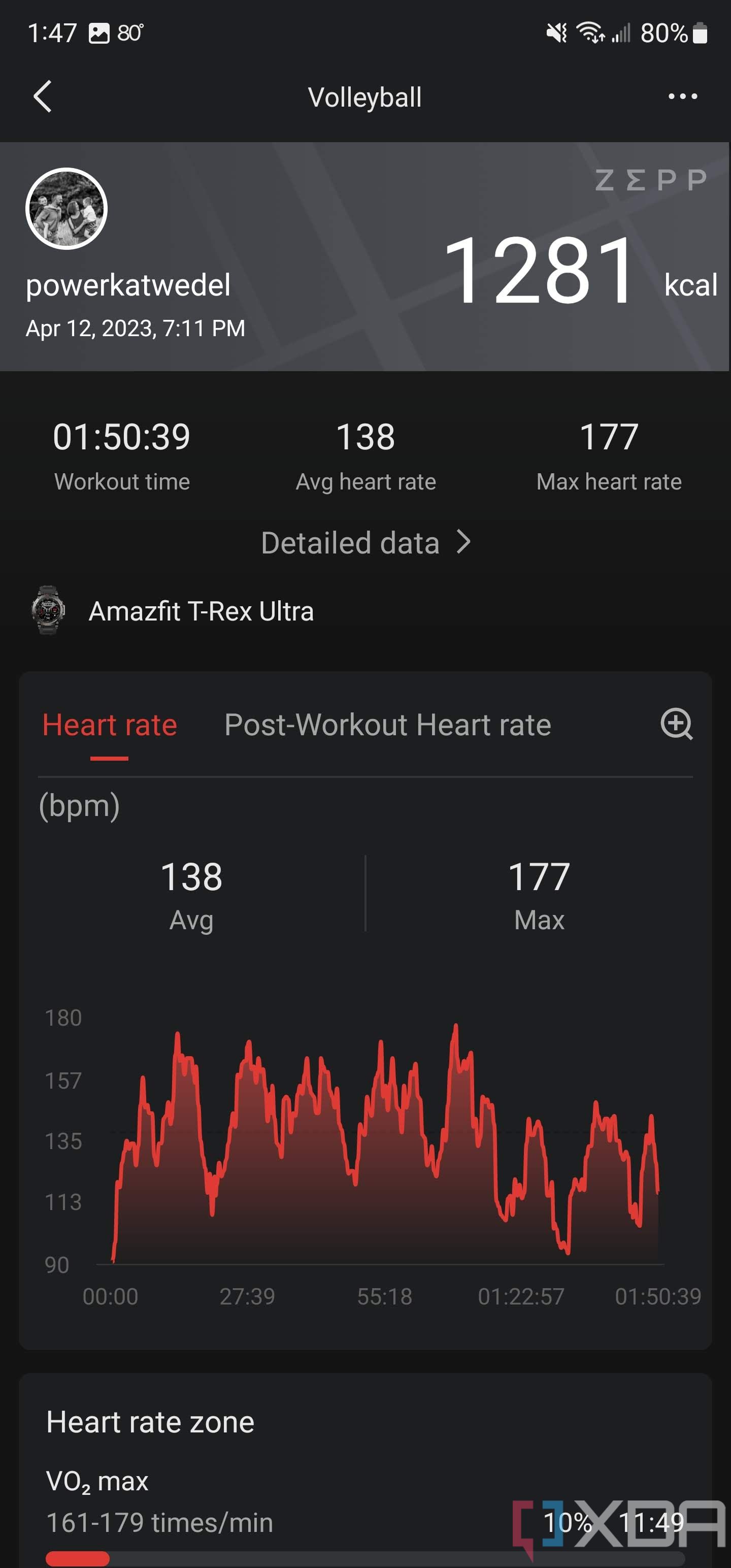 Zepp companion app screenshot of workout metrics