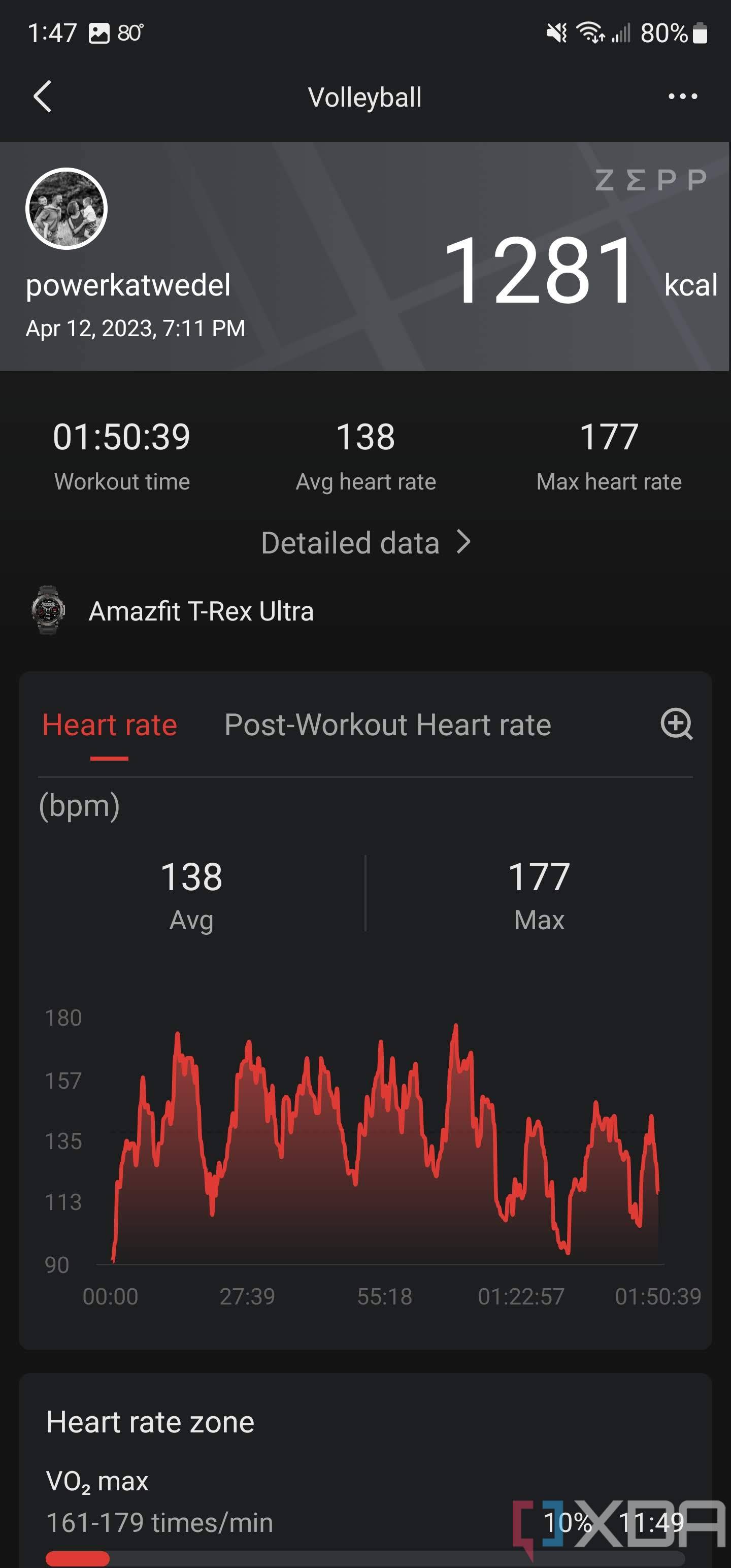 Zepp companion app screenshot of workout metrics
