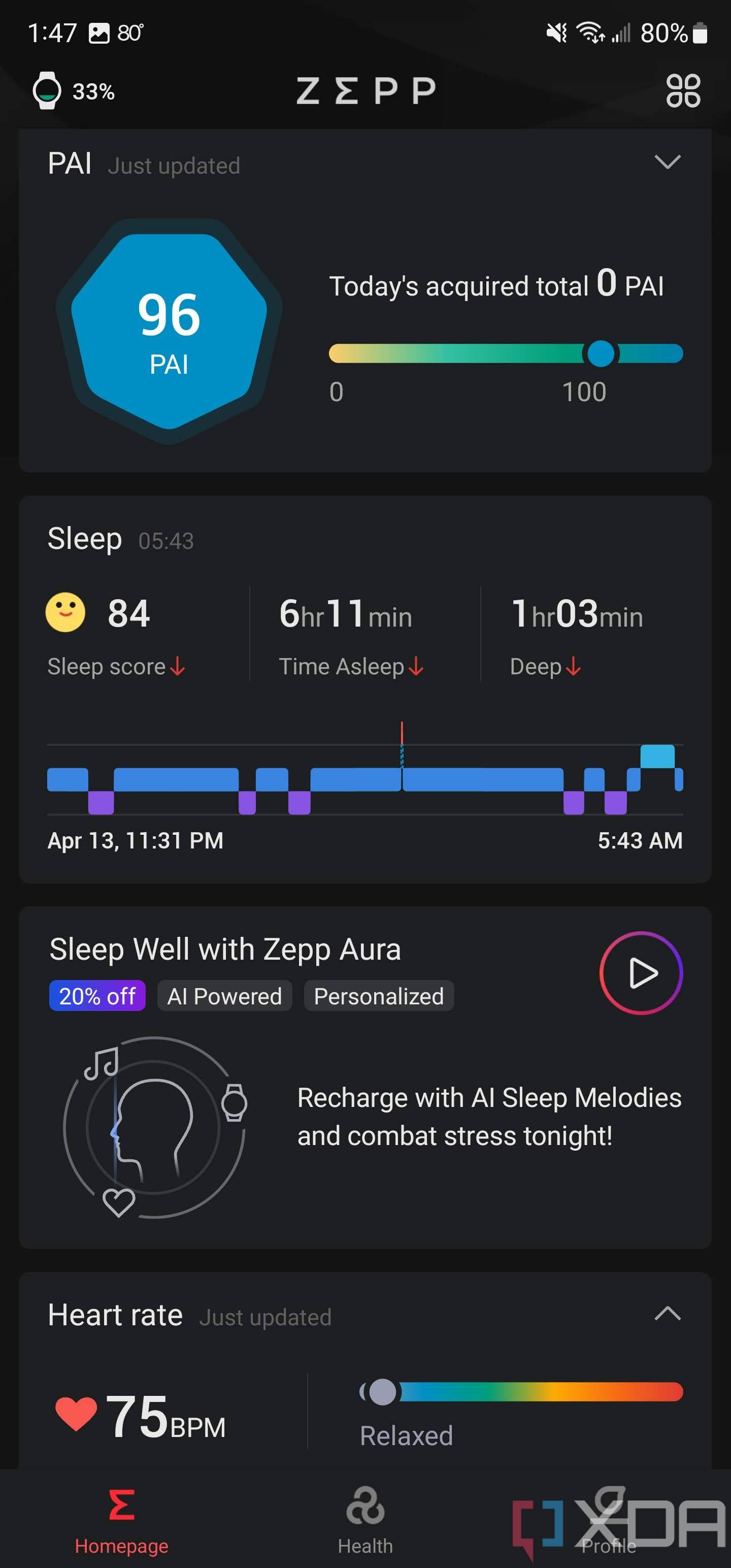 Zepp companion app screenshot of the homescreen