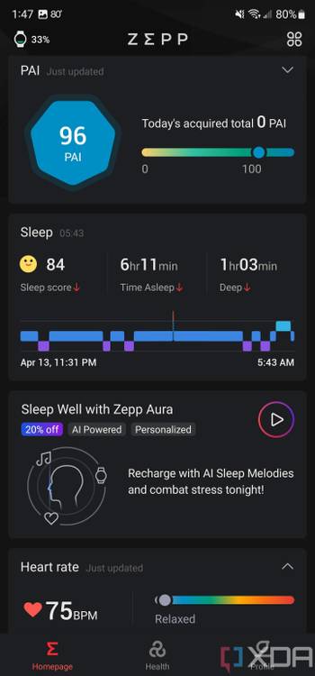 Zepp companion app screenshot of the homescreen