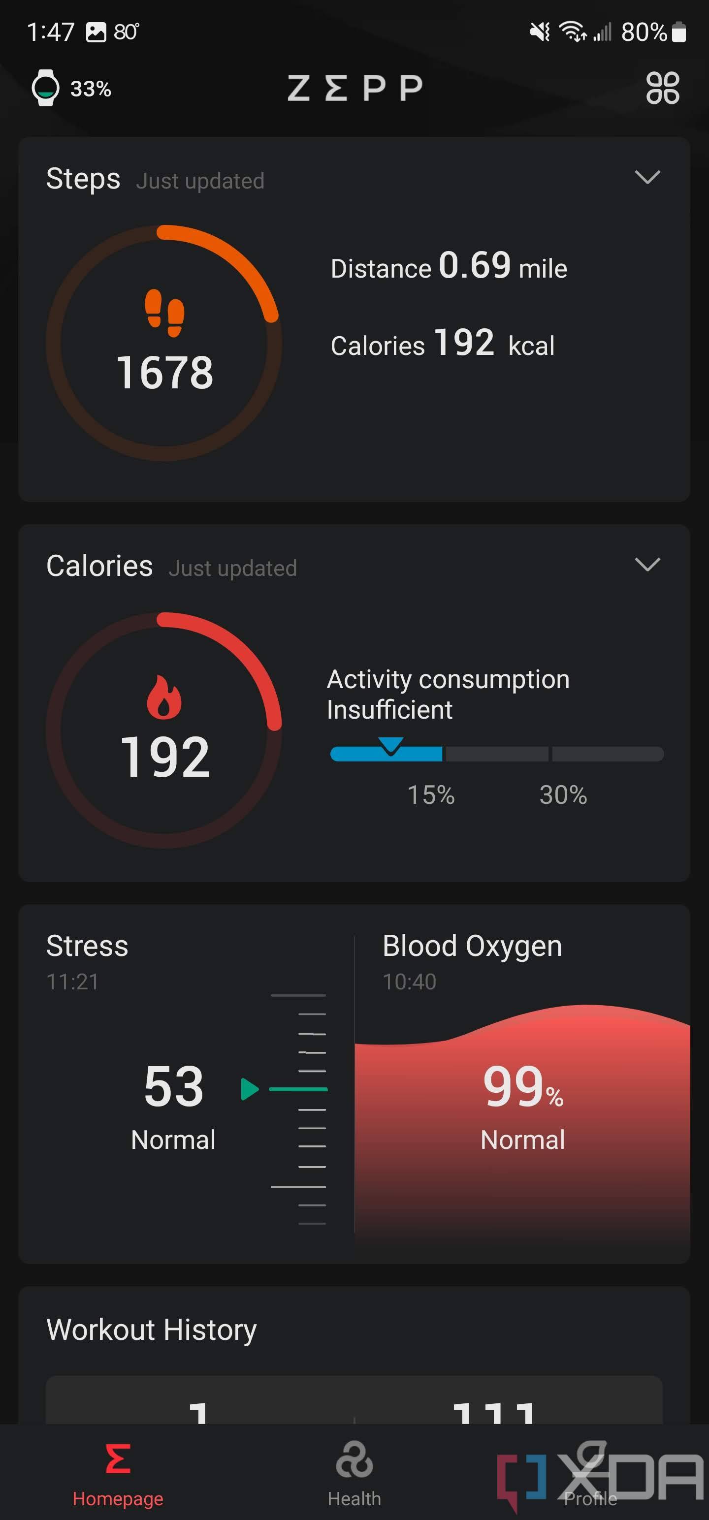 Zepp companion app screenshot of the some health metrics