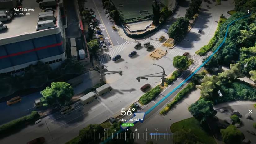 Google Maps Immersive View with routes showing off traffic and weather AQI