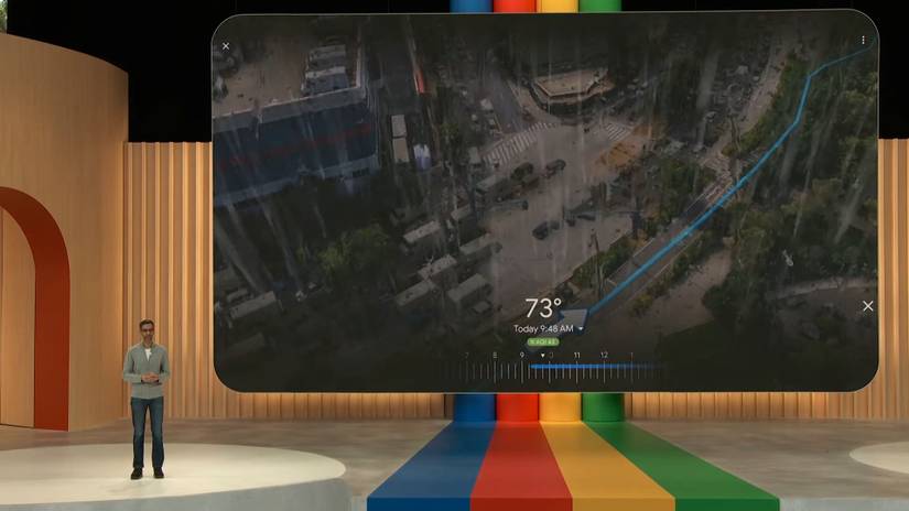 Google Maps Immersive View with routes showing off weather elements with Sundar Pichai on google I/O 2023 stage