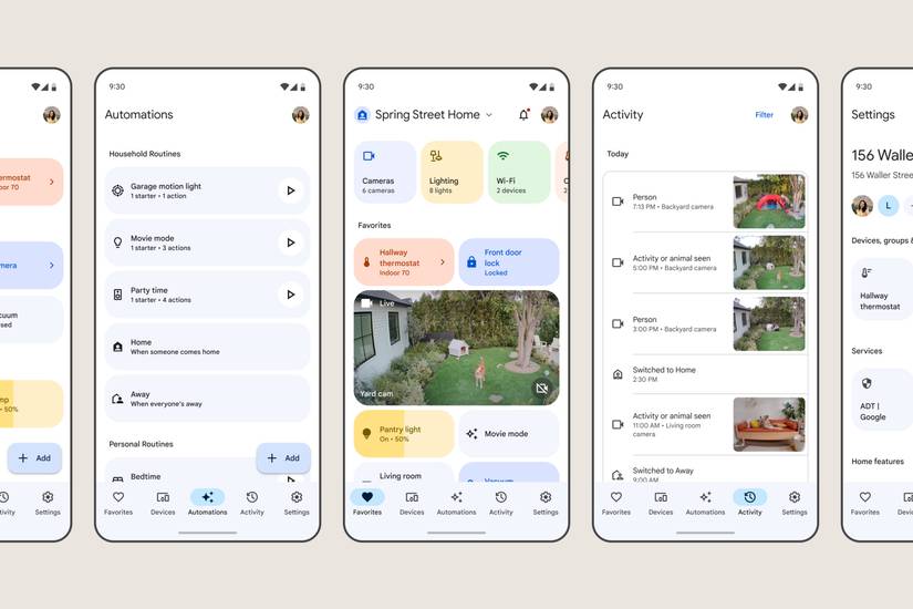 The five-tab layout in the new Google Home app.