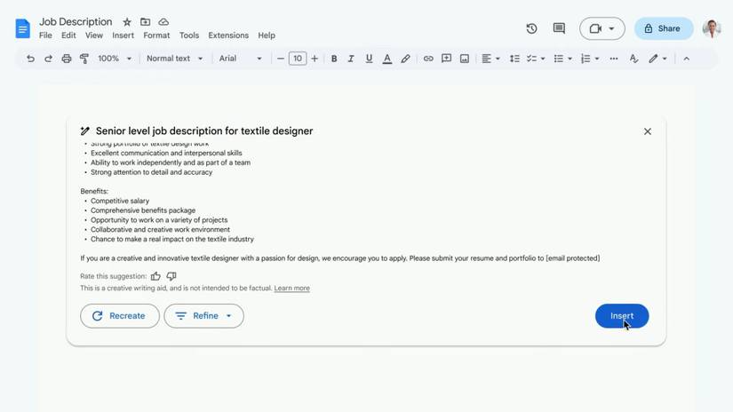 Screenshot of an AI-generated job description in Google Docs