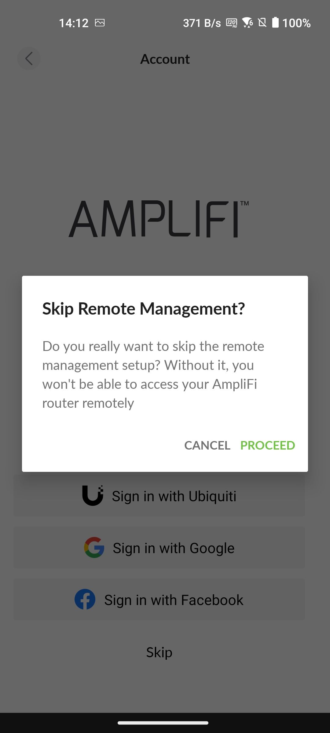 Skipping account creation warns the user of missing features
