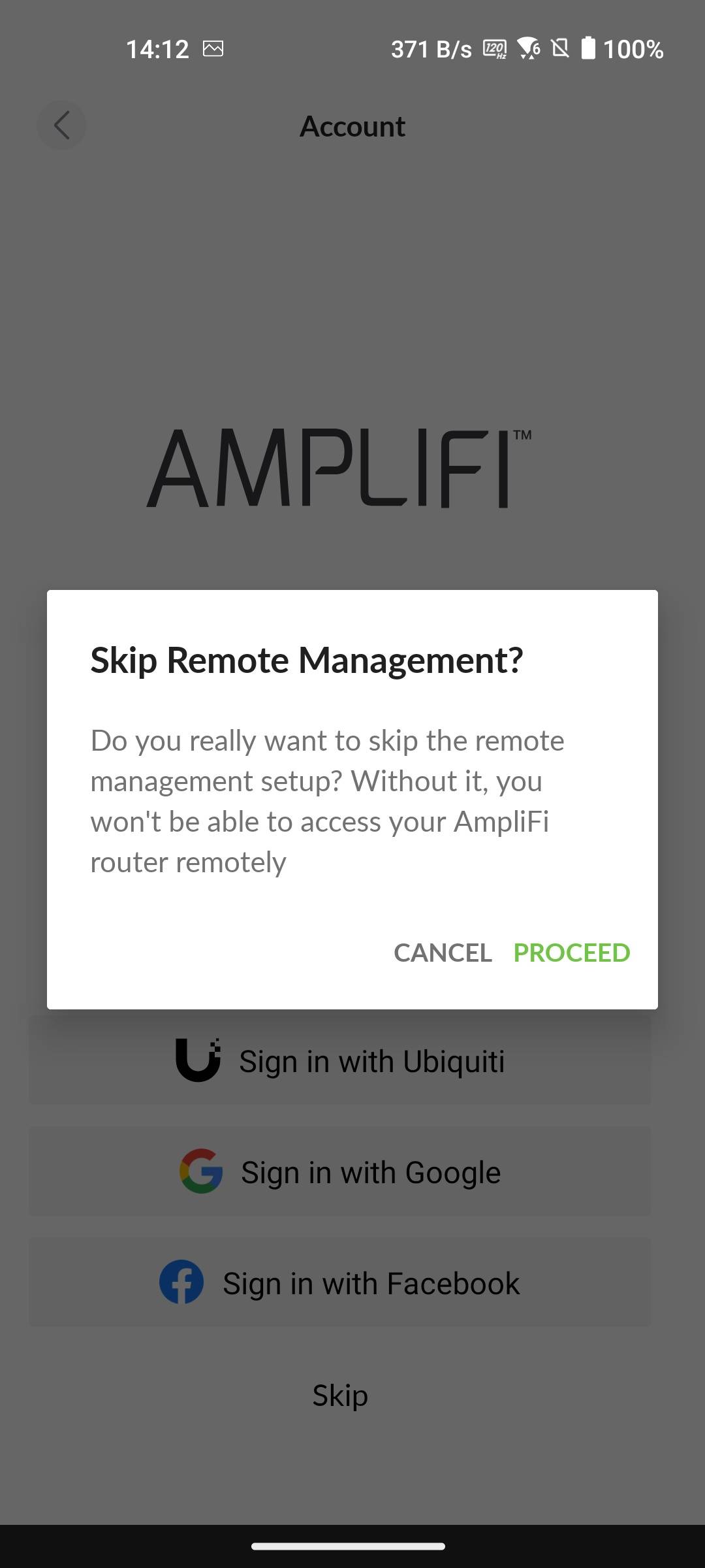 Skipping account creation warns the user of missing features