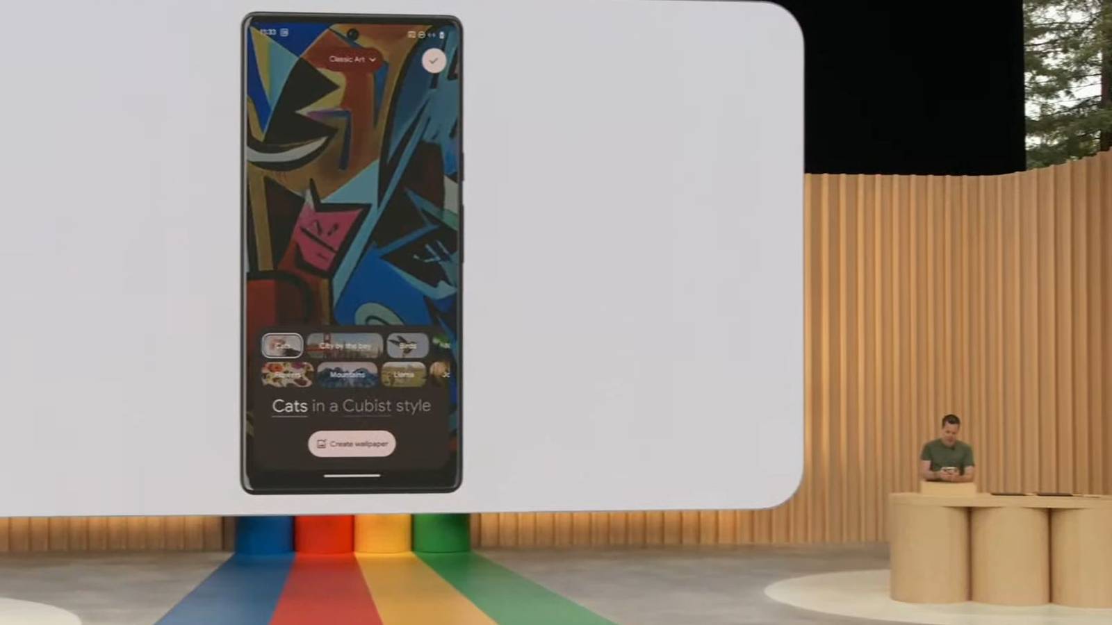 Google I/O demo showcasing Android's upcoming generative AI wallpapers.