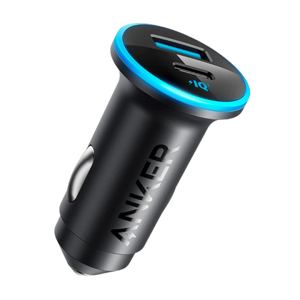 A render showing the Anker 323 compact car charger in black color with blue-colored rim light.