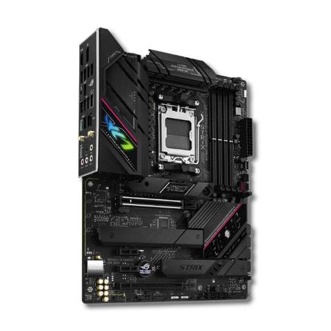 render of the asus strix b650e-f gaming motherboard from a slight left angle