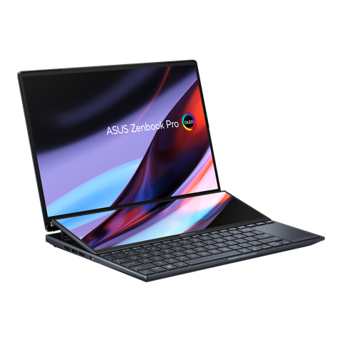 Angled front view of the Asus Zenbook Pro Duo 14 OLED facing right