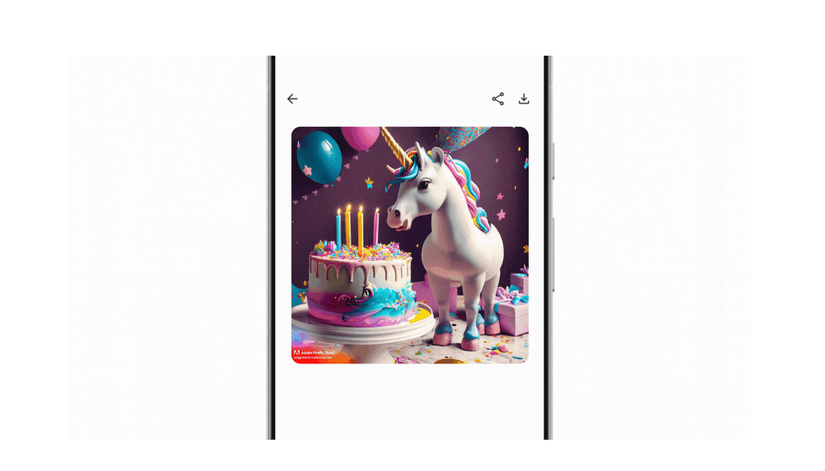 An image showing a picture of unicorn standing in front of a birthday cake, surrounded by decorations.