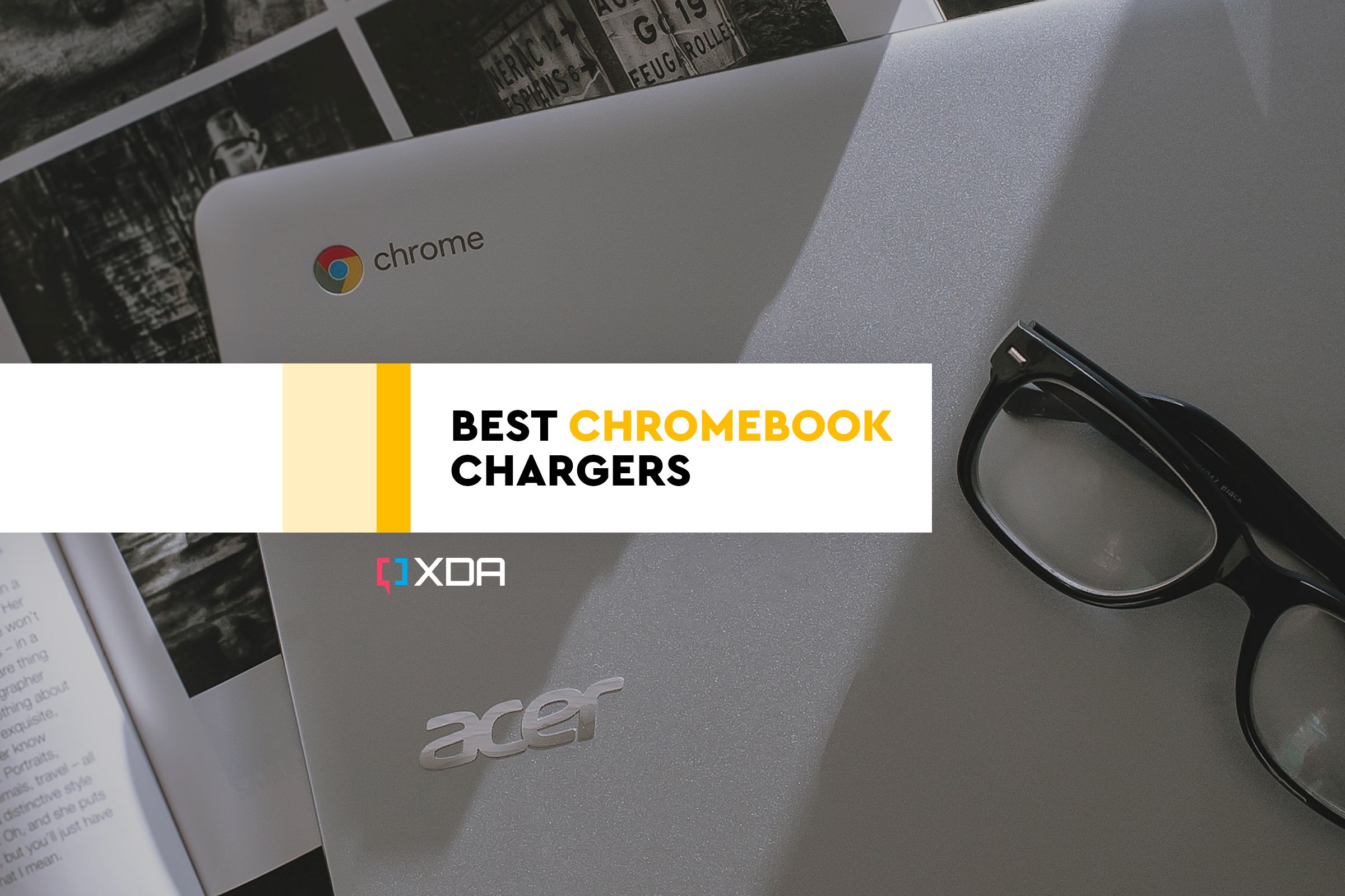 Chromebook with glasses on top of a book with XDA logo