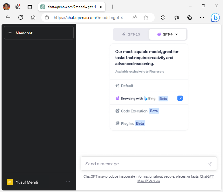 Screenshot of ChatGPT showing the option to use Bing as a search engine