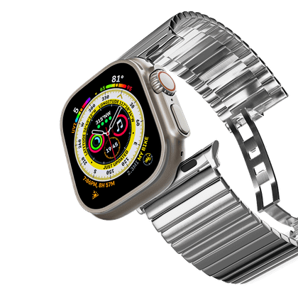 The Casetify Stainless Steel Monolink Apple Watch band in silver.