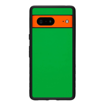 A render of the dbrand grip case for pixel 7 with green and tan colored skins on it.