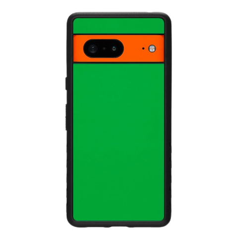 A render of the dbrand grip case for pixel 7 with green and tan colored skins on it.