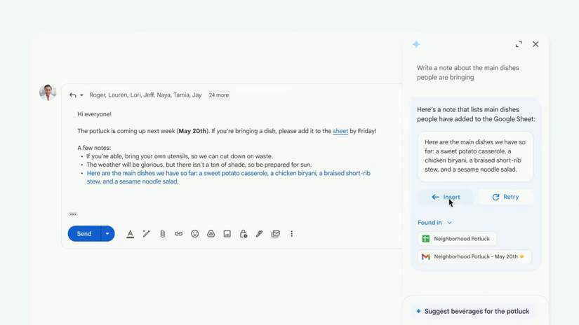 Screenshot of a note written by AI in Gmail using the context of an existing email thread.