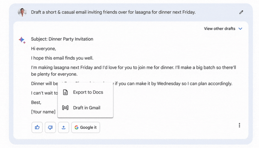 An image showing a Google Bard response with options to export it to gmail or Google Docs.