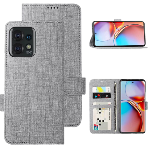 A render showing the Foluu PU leather folio case for Motorola Edge+ (2023) in grey color.