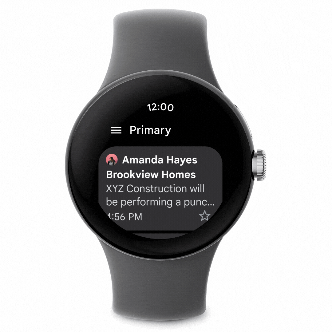 GIF showing Gmail for Wear OS on a Pixel Watch.