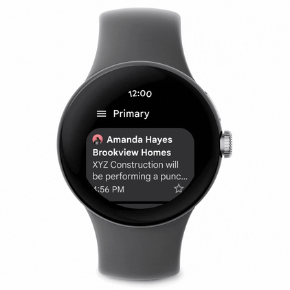 GIF showing Gmail for Wear OS on a Pixel Watch.