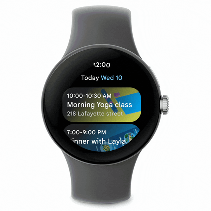 GIF showing Google Calendar for Wear OS on a Pixel Watch.