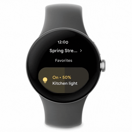 GIF showing new Google Home controls for Wear OS on a Pixel Watch.
