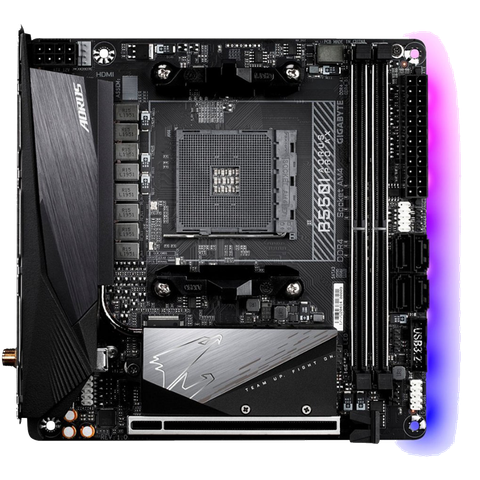 Gigabye B550i Aorus AX motherboard render in a top-down view