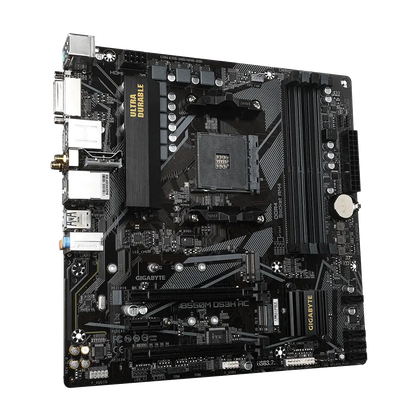 Gigabyte B550M DS3H AC motherboard render at an angle