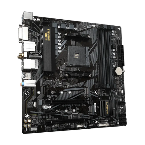 Gigabyte B550M DS3H AC motherboard render at an angle